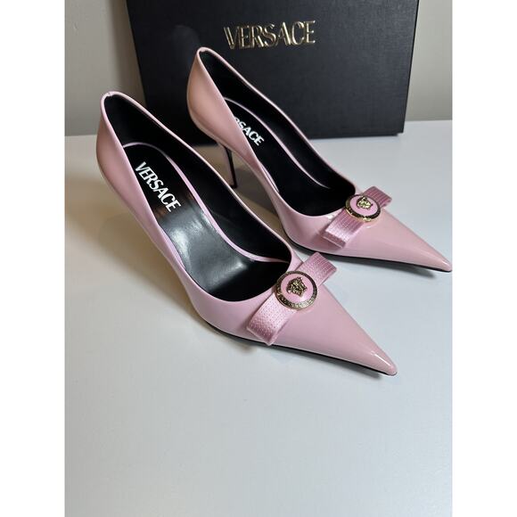 Authentic Versace Pink Patent Leather Pointed Toe Heels Medusa Size 38.5 - Picture 7 of 12